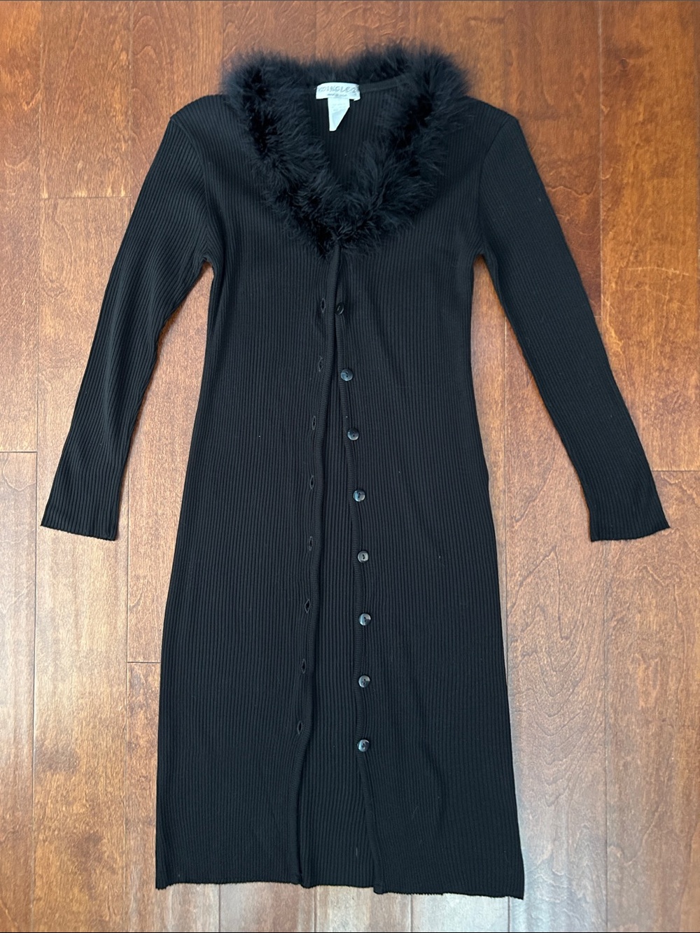 Practical Magic Y2K Black Ribbed Long-Sleeve Duster with Feather Trim, Size M